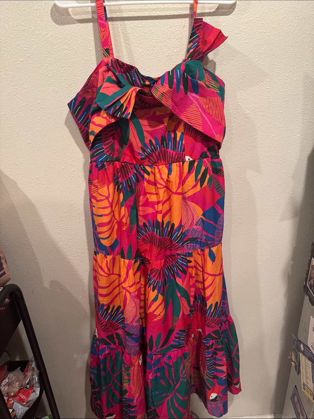 FARM Rio Macaw Bow Top Midi Dress in Pink, Orange & Blue